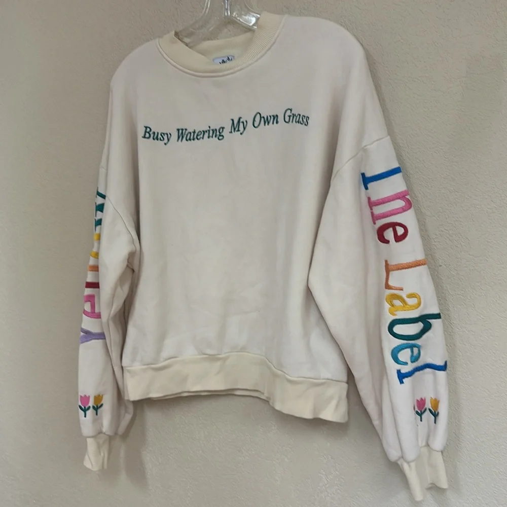Cream Crewneck Sweatshirt w/ Rainbow Lettering & Embroidered Floral Accents - Picture 4 of 7